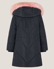 Hooded Faux Fur Puffer Coat, Blue (NAVY), large