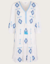 Geometric Diamond Embroidered Kaftan Dress in LENZING™ ECOVERO™, White (WHITE), large