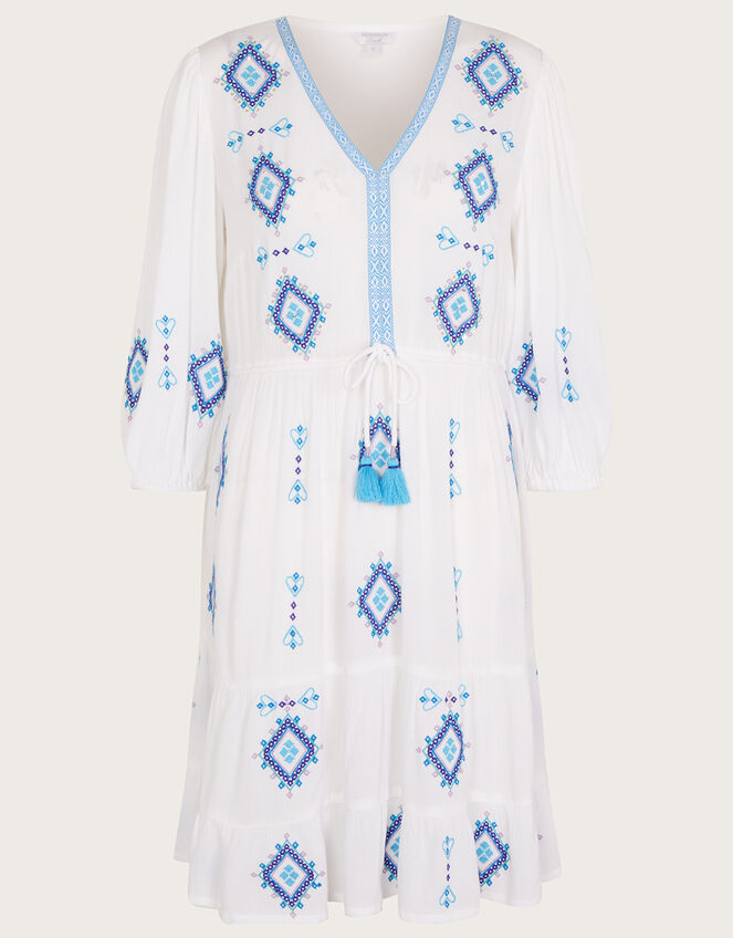 Geometric Diamond Embroidered Kaftan Dress in LENZING™ ECOVERO™, White (WHITE), large