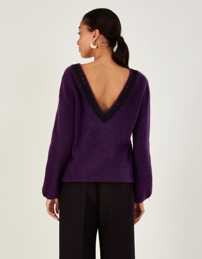 V-Neck Lace Edge Sweater with Recycled Polyester, Purple (PURPLE), large