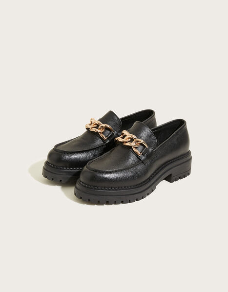 Chain Detail Leather Stomper Loafers Black, Black (BLACK), large