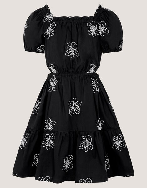 Puff Sleeve Floral Embroidered Dress, Black (BLACK), large