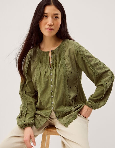 Joss Floral Embroidered Jersey Top, Green (KHAKI), large