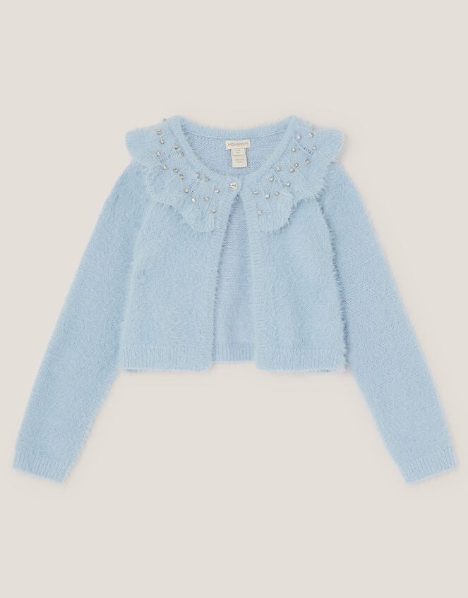 Embellished Collar Fuzzy Cardigan, Blue (BLUE), large
