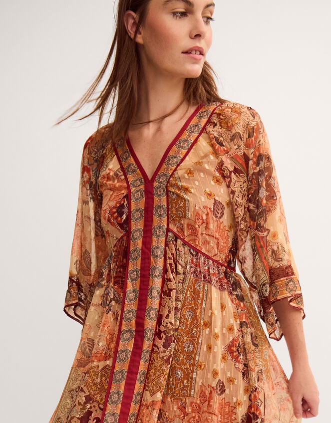 Evelina Shimmer Floral Print Midi Dress, Brown (BROWN), large