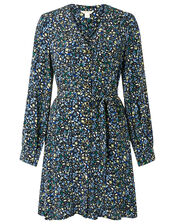 Floral Belted Short Dress, Black (BLACK), large