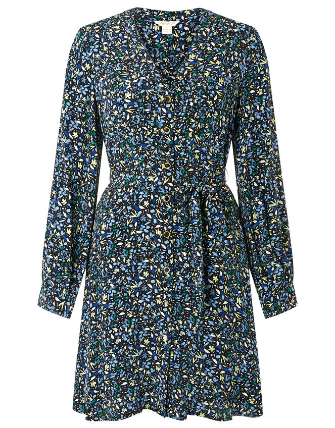 Floral Belted Short Dress, Black (BLACK), large