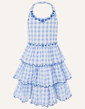 Gingham Halter Embroidered Dress , Blue (BLUE), large