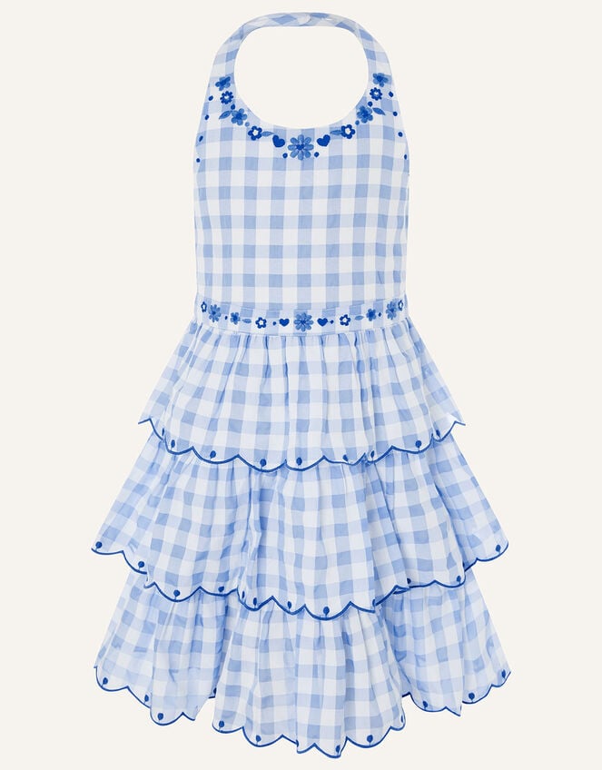 Gingham Halter Embroidered Dress , Blue (BLUE), large