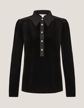 Clay Collar Stretch Velvet Blouse, Black (BLACK), large