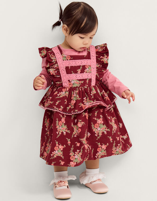 Baby Top & Floral Corduroy Dress Set, Red (BURGUNDY), large