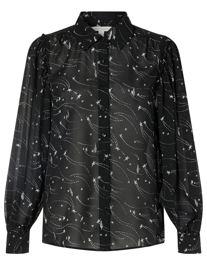 Star Print Embroidered Blouse, Black (BLACK), large