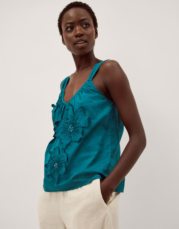 Rosalie Sleeveless Floral Embellished Top, Teal (TEAL), large