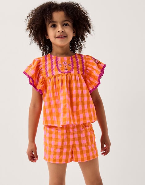 Gingham Print Top & Shorts Set, Orange (ORANGE), large