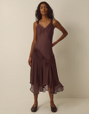Ruby Sleeveless Asymmetrical Floral Embroidered Midi Dress, Brown (CHOCOLATE), large