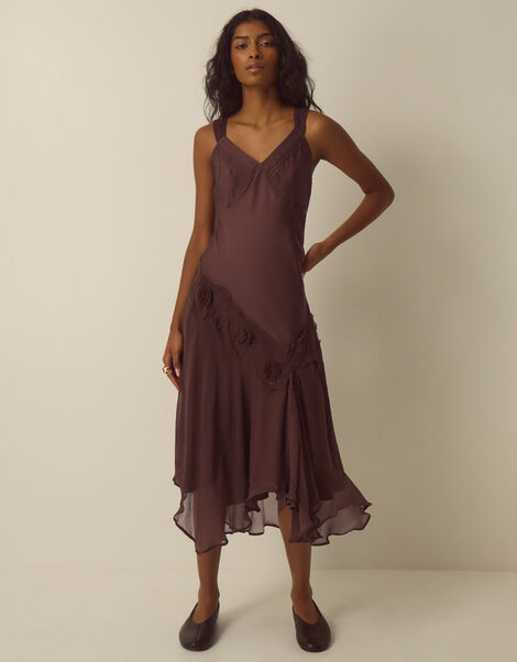Ruby Sleeveless Asymmetrical Floral Embroidered Midi Dress, Brown (CHOCOLATE), large
