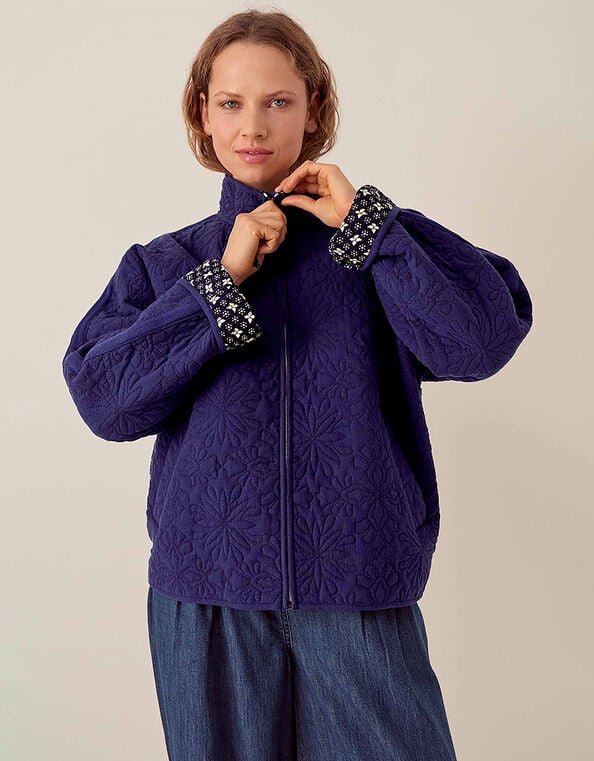 East Celine Lightly Quilted Floral Stitch Jacket, Blue (NAVY), large