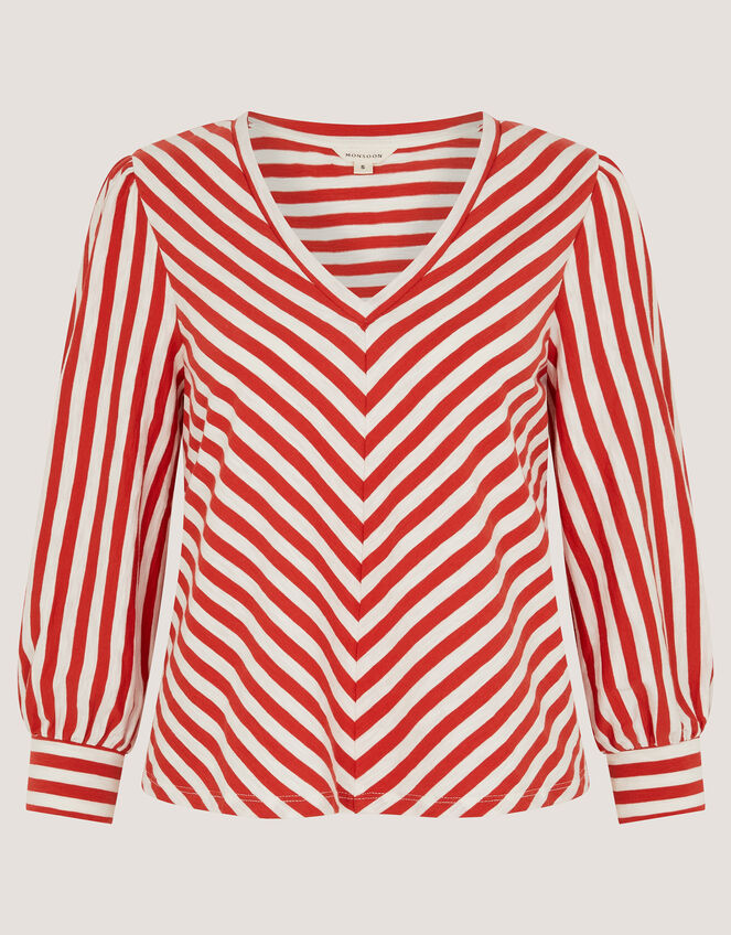 Shayla V-Neck Stripe Jersey Top, Ivory (IVORY), large