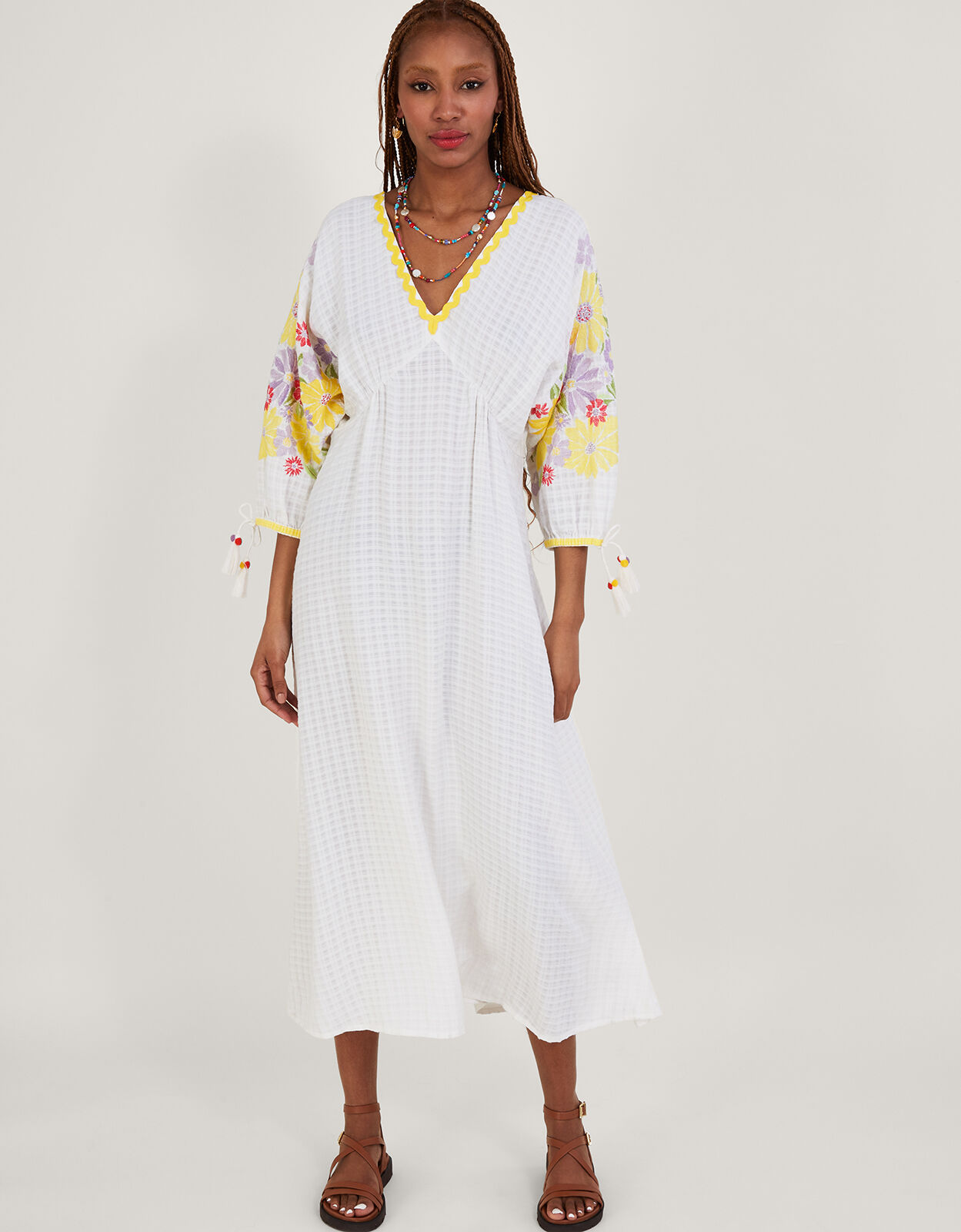 Floral Embroidered Midi Kaftan Dress White
