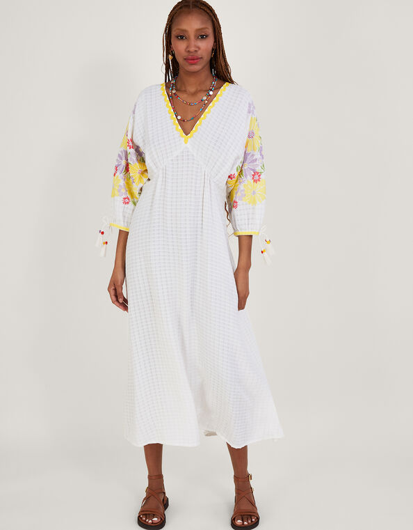 Floral Embroidered Midi Kaftan Dress, White (WHITE), large