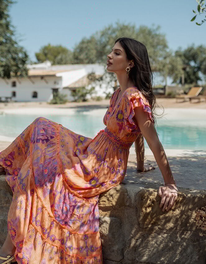 Piti Cuiti Flutter Floral Print Maxi Dress, Orange (ORANGE), large
