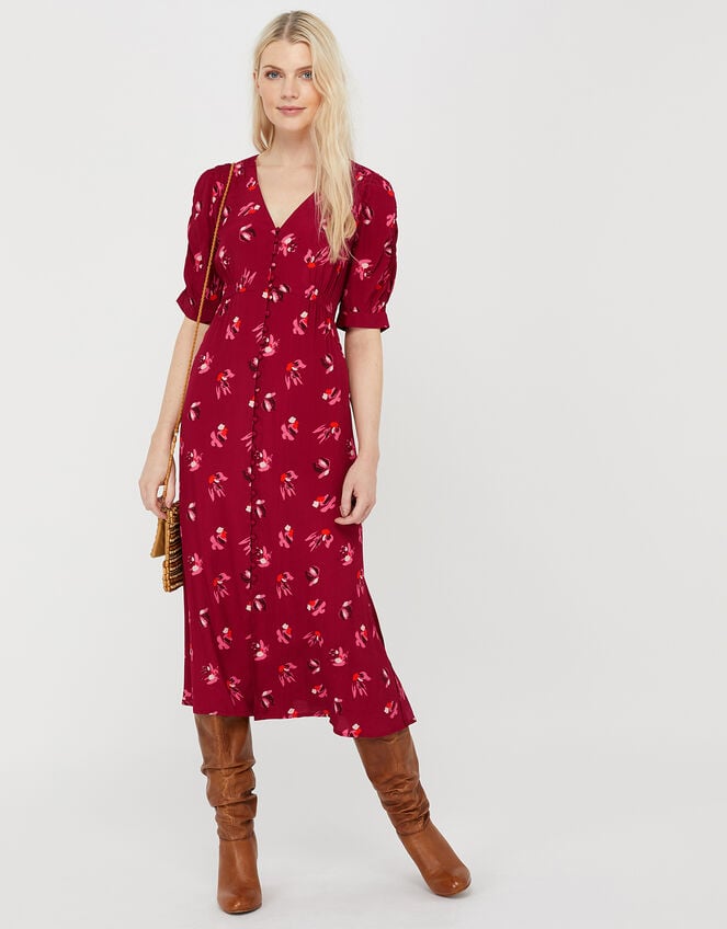 Betty Floral Tea Dress in Sustainable Viscose, Red (RED), large