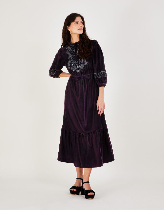 Emily Embroidered Military Velvet Midi Dress, Purple (PLUM), large