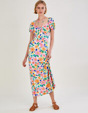 Floral Puff Sleeve Jersey Midi Dress, Ivory (IVORY), large