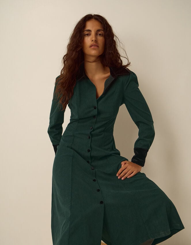 Saba Collar Corduroy Midi Dress, Green (DARK GREEN), large