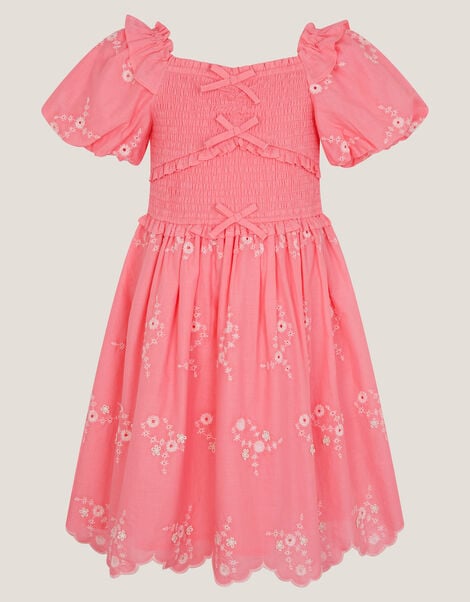 Embroidered Puff Sleeve Smocked Dress, Pink (PINK), large
