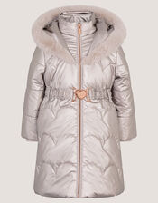 Metallic Belted Puffer Coat, Cream (CREAM), large