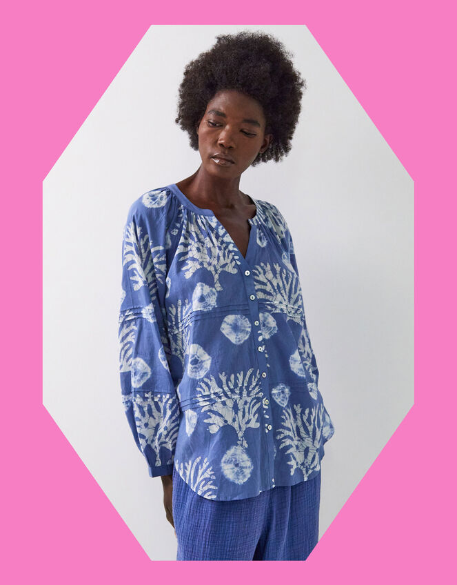 East Lottie Coral Print Shirt, Blue (BLUE), large
