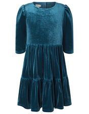 Tiered Velvet Dress with Recycled Fabric, Teal (TEAL), large
