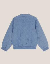 Heart Quilted Chambray Bomber Jacket, Blue (BLUE), large