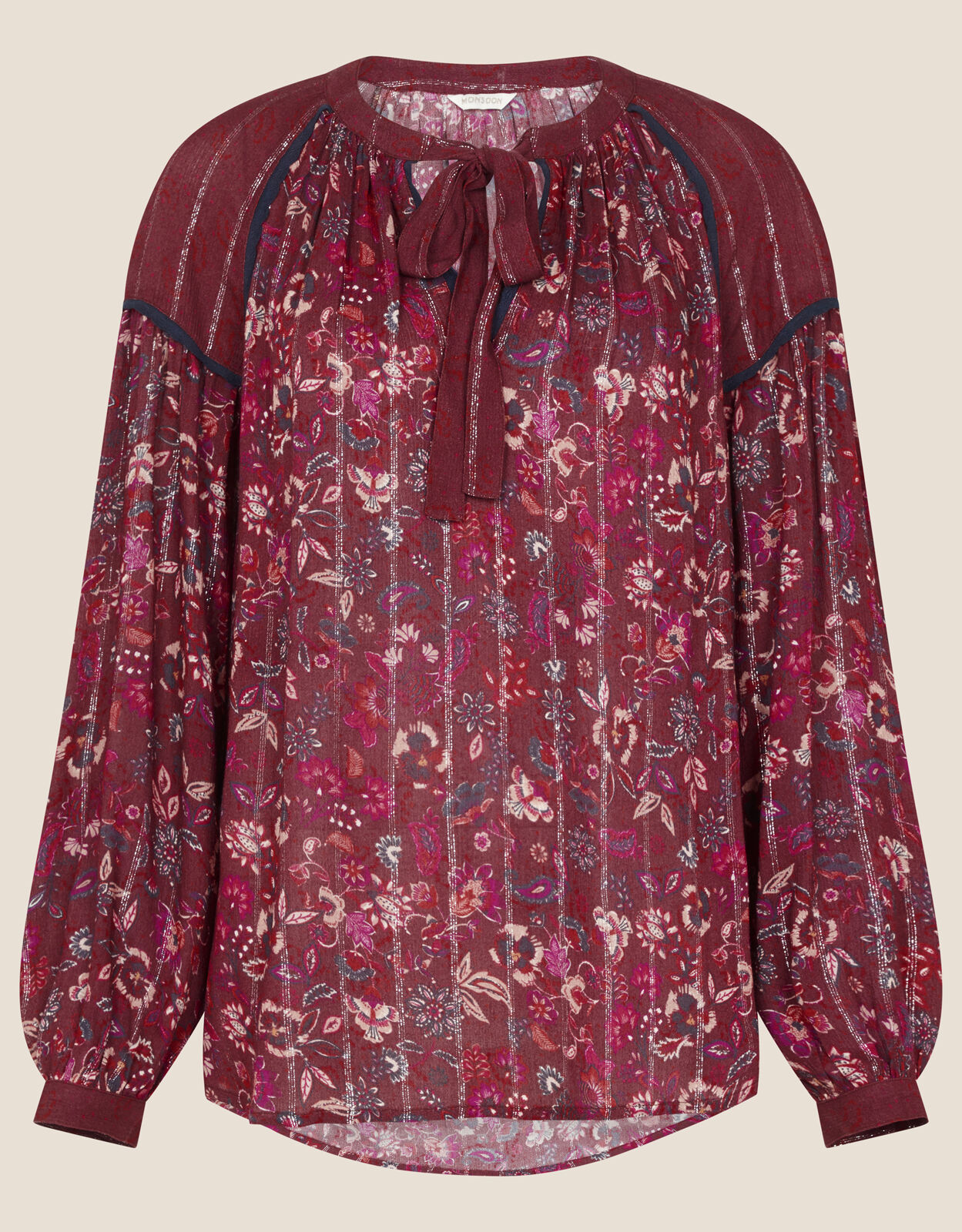 Indie Printed Tie Neck Blouse Red