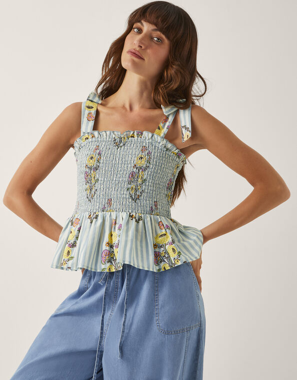 Lucille Floral Stripe Smocked Top, Blue (BLUE), large