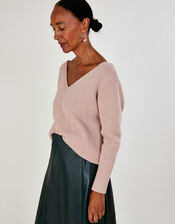 V-Back Metallic Twist Sweater with Recycled Polyester, Pink (BLUSH), large