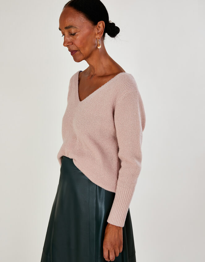 V-Back Metallic Twist Jumper with Recycled Polyester, Pink (BLUSH), large