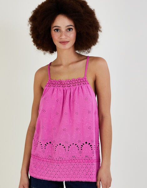 Broderie Detail Cami Top in Sustainable Cotton Pink, Pink (PINK), large