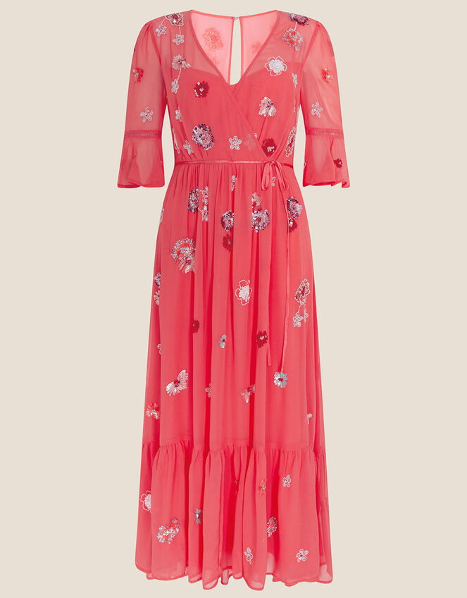 Aimee Embellished Wrap Dress in Recycled Polyester, Orange (PEACH), large