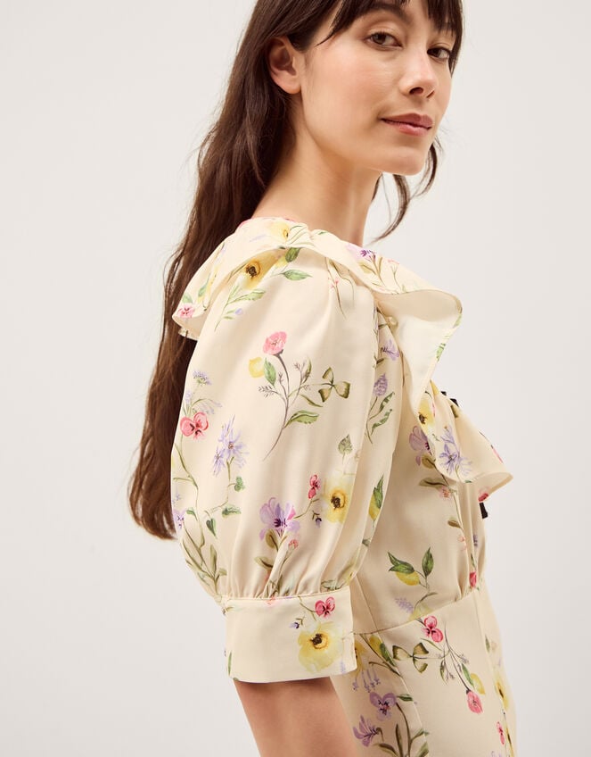 Sienna Frill Neck Floral Midi Dress, Ivory (IVORY), large