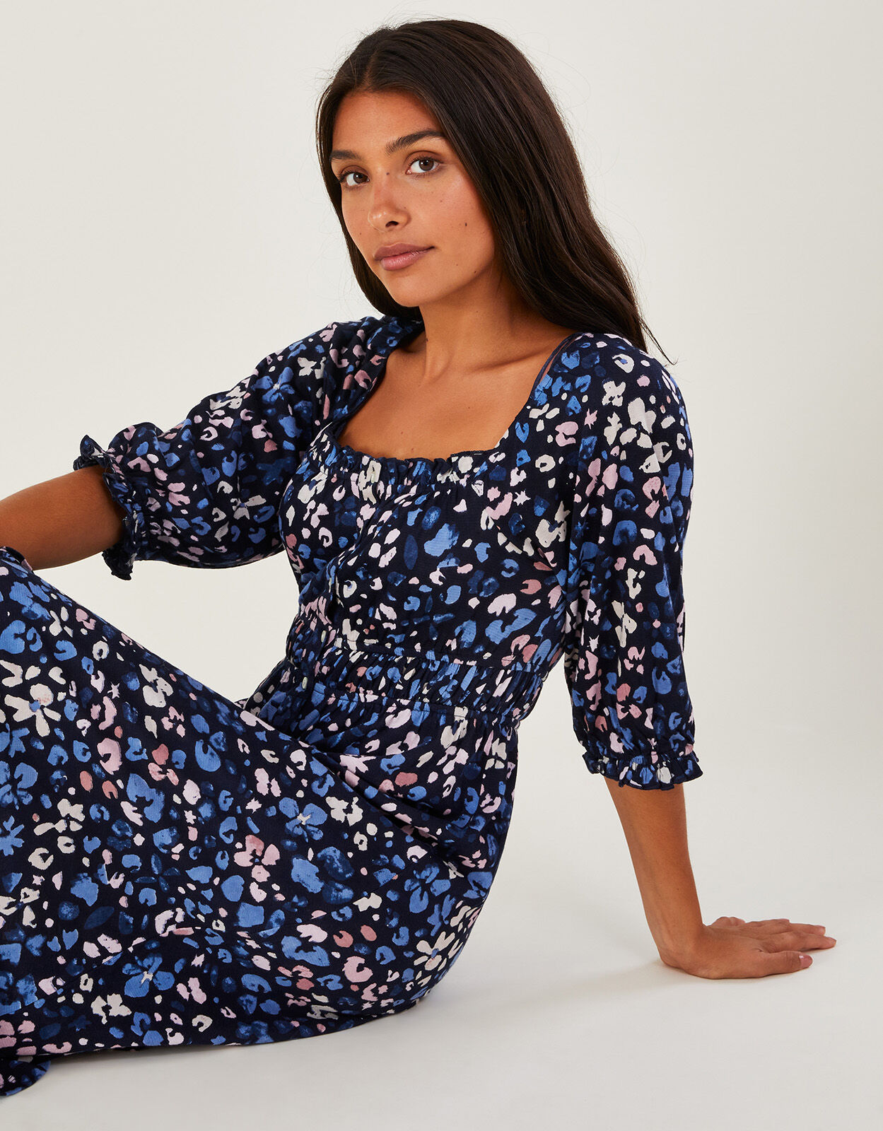 Ditsy Shirred Midi Dress with Sustainable Cotton Blue Midi