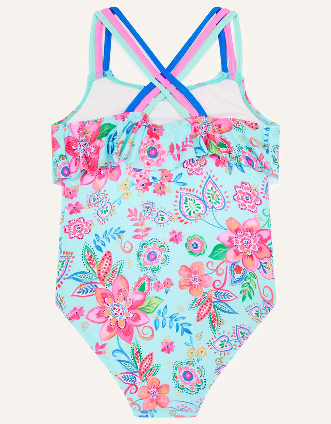 Star Flower Print Ruffle Swimsuit, Blue (TURQUOISE), large