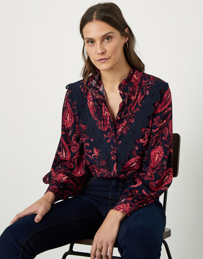 Lace Trim Paisley Print Blouse, Red (RED), large