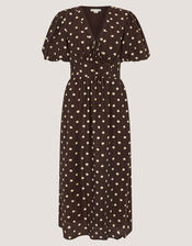 Paris Puff Sleeve Polka Dot Midi Dress, Brown (CHOCOLATE), large