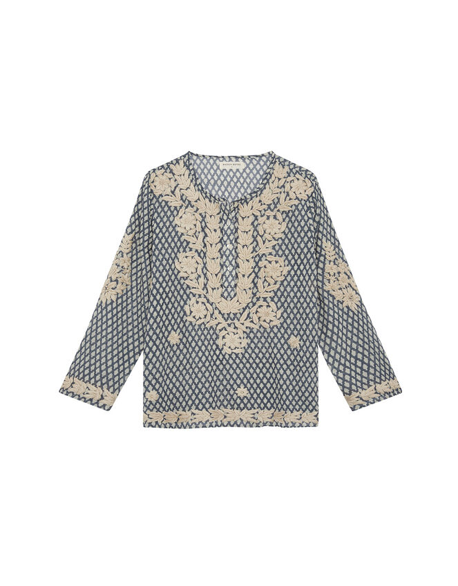 Maison Hotel Embroidered Print Blouse, Blue (BLUE), large
