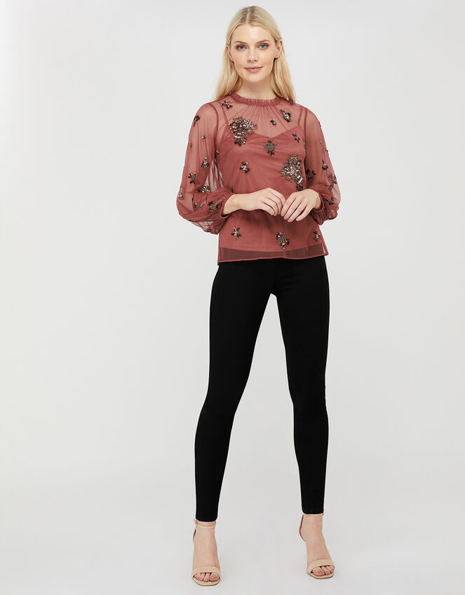 Rosanna Sustainable Embellished Mesh Blouse, Pink (ROSE), large