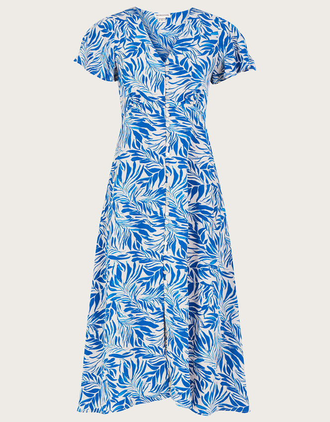 Florence Leaf Print Tea Dress in Sustainable Viscose, Blue (BLUE), large