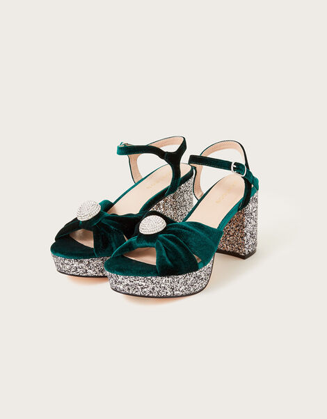 Velvet Glitter Platform Sandals, Green (GREEN), large