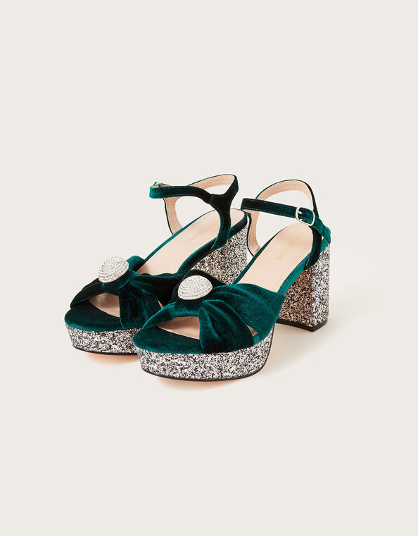 Velvet Glitter Platform Sandals, Green (GREEN), large